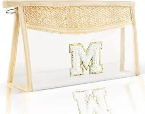Boho Straw Clear Makeup Bag Initial Cosmetic Bags Personalized Chenille Letter Patch Beach Bag Zipper Travel Essentials Sunscreen Makeup Pouch Waterproof Toiletry Purse for Women Girls M