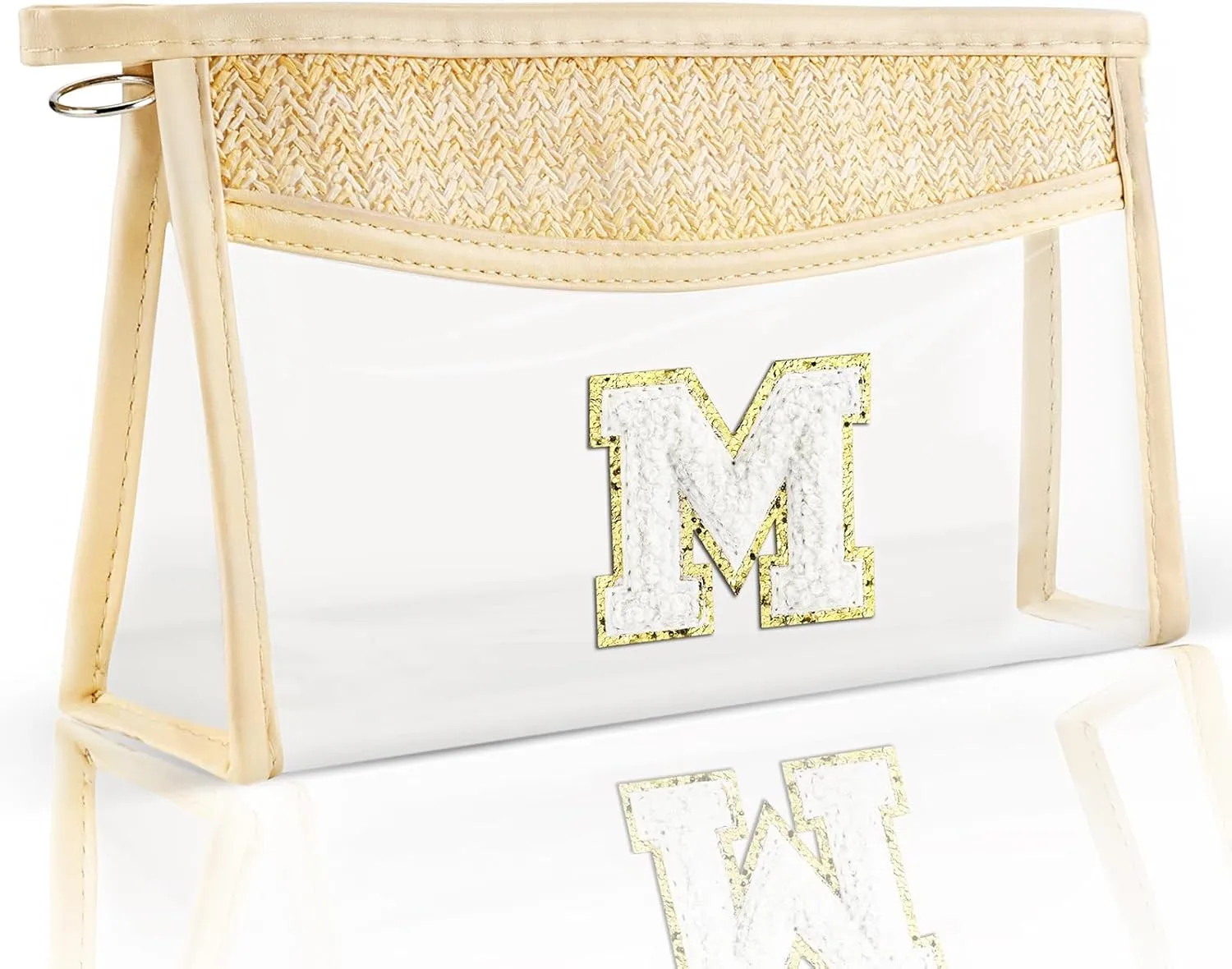 Boho Straw Clear Makeup Bag Initial Cosmetic Bags Personalized Chenille Letter Patch Beach Bag Zipper Travel Essentials Sunscreen Makeup Pouch Waterproof Toiletry Purse for Women Girls M