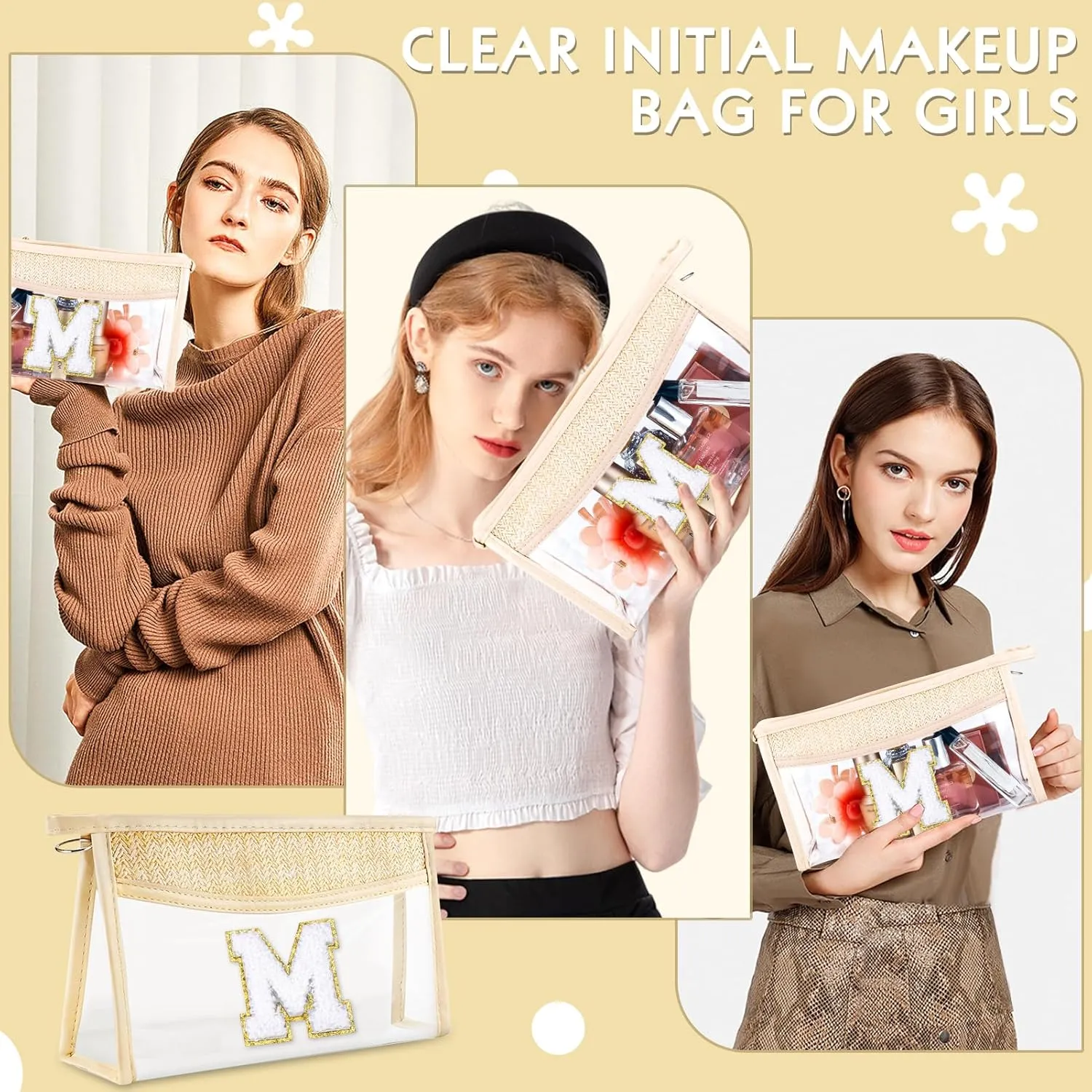 Boho Straw Clear Makeup Bag Initial Cosmetic Bags Personalized Chenille Letter Patch Beach Bag Zipper Travel Essentials Sunscreen Makeup Pouch Waterproof Toiletry Purse for Women Girls M