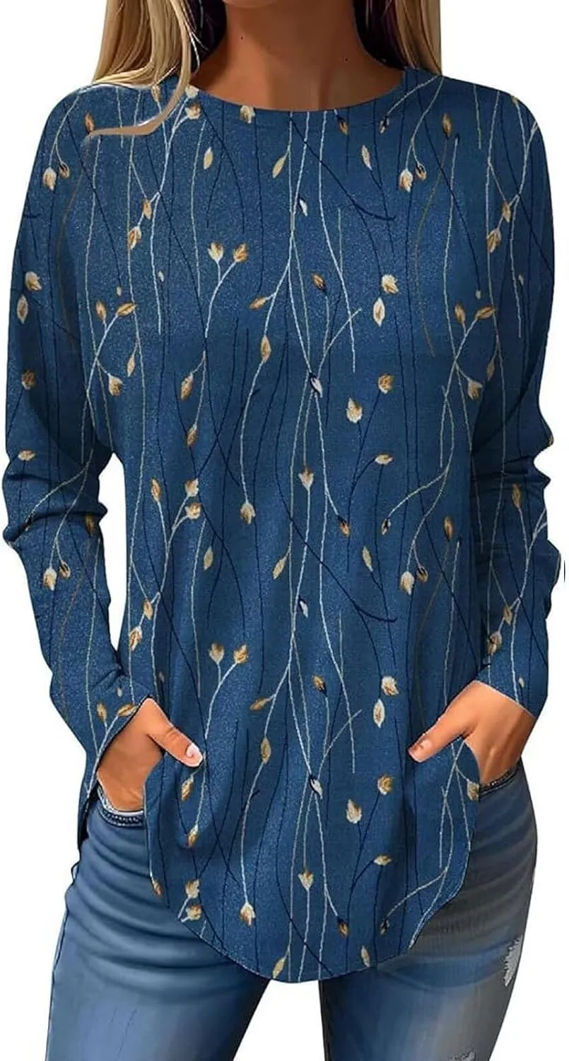 Boho Tunics for Women 2025 Plus Size Tops Peasant Flowered T Shirt Crewneck Boho Tshirt Loose Pullover