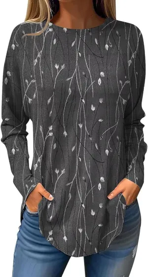 Boho Tunics for Women 2025 Plus Size Tops Peasant Flowered T Shirt Crewneck Boho Tshirt Loose Pullover