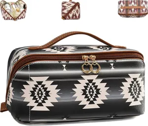 Boho Western Style Makeup Bag, PU Casual Colorblock Makeup Organizer Pouch, Versatile Waterproof Portable Organizer Pouch, Portable Large Capacity Travel Organizer Bags for Women (Black-A)