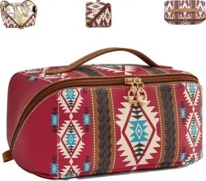 Boho Western Style Makeup Bag, PU Casual Colorblock Makeup Organizer Pouch, Versatile Waterproof Portable Organizer Pouch, Portable Large Capacity Travel Organizer Bags for Women (Red)