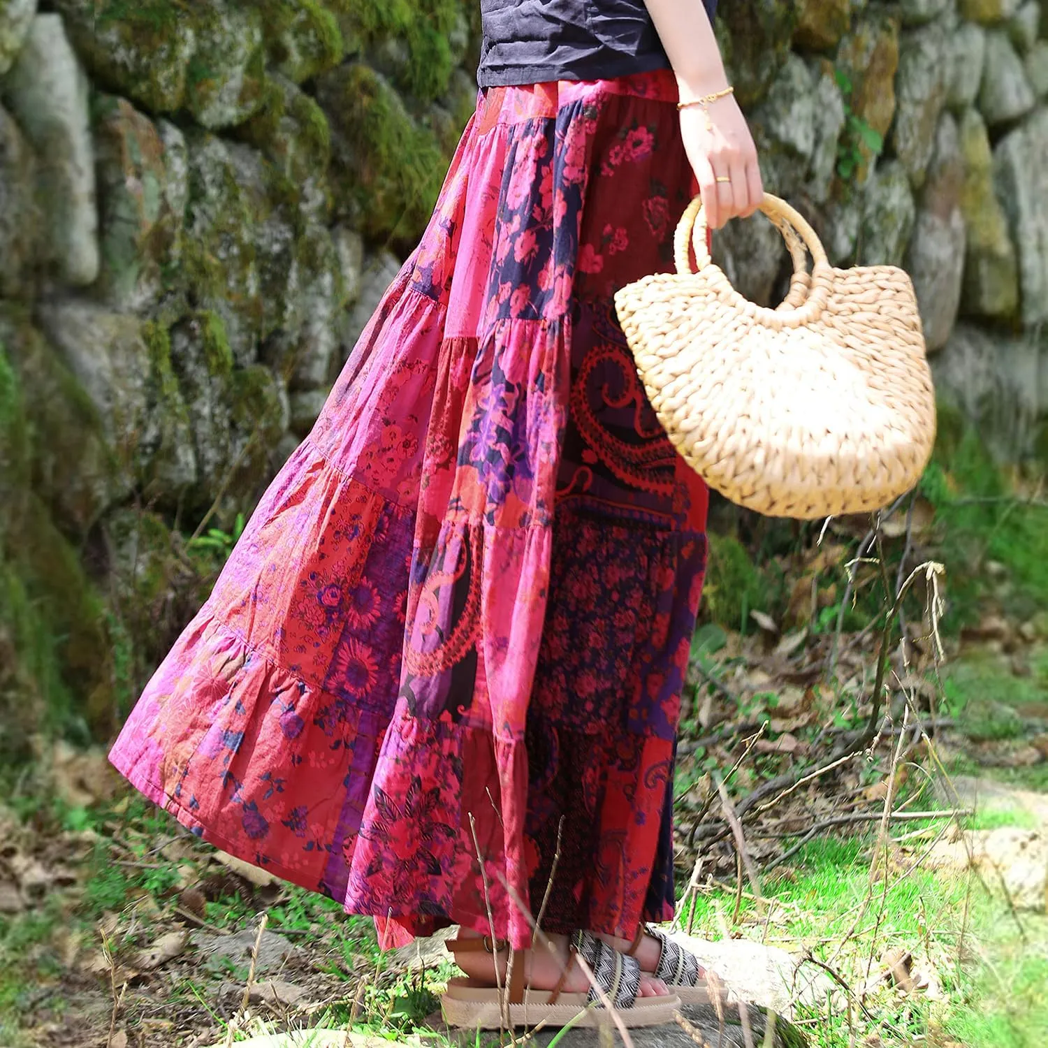 Boho Women Printed Cotton Linen Maxi Skirt Casual Patchwork Skirt Beach Travel Outfit