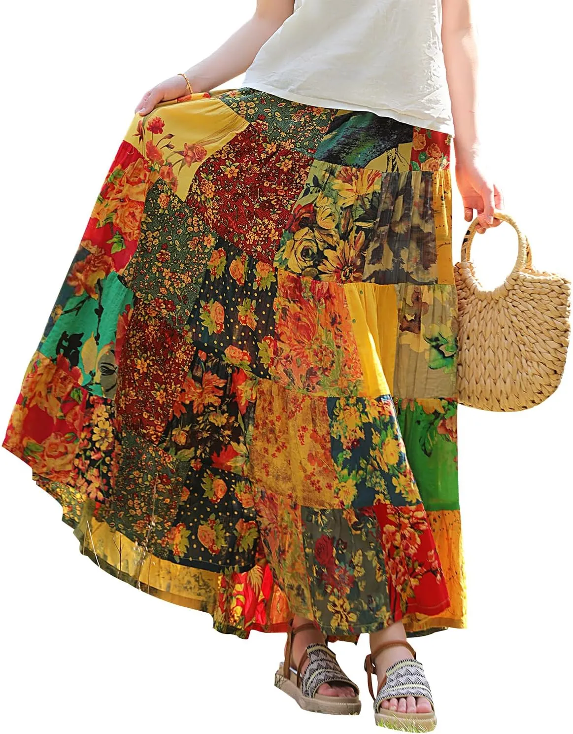 Boho Women Printed Cotton Linen Maxi Skirt Casual Patchwork Skirt Beach Travel Outfit