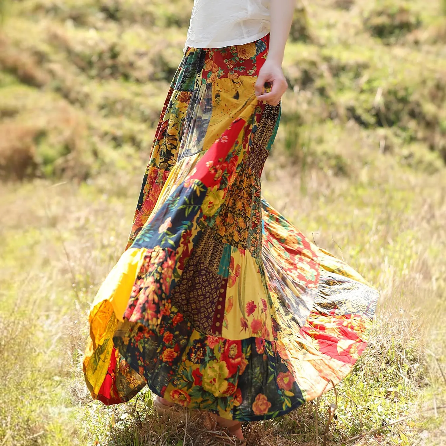 Boho Women Printed Cotton Linen Maxi Skirt Casual Patchwork Skirt Beach Travel Outfit
