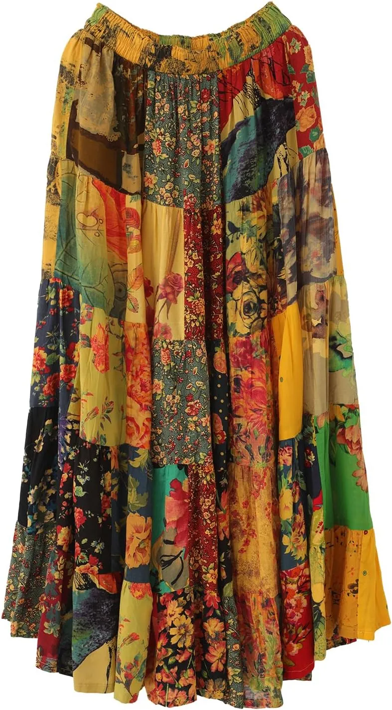 Boho Women Printed Cotton Linen Maxi Skirt Casual Patchwork Skirt Beach Travel Outfit