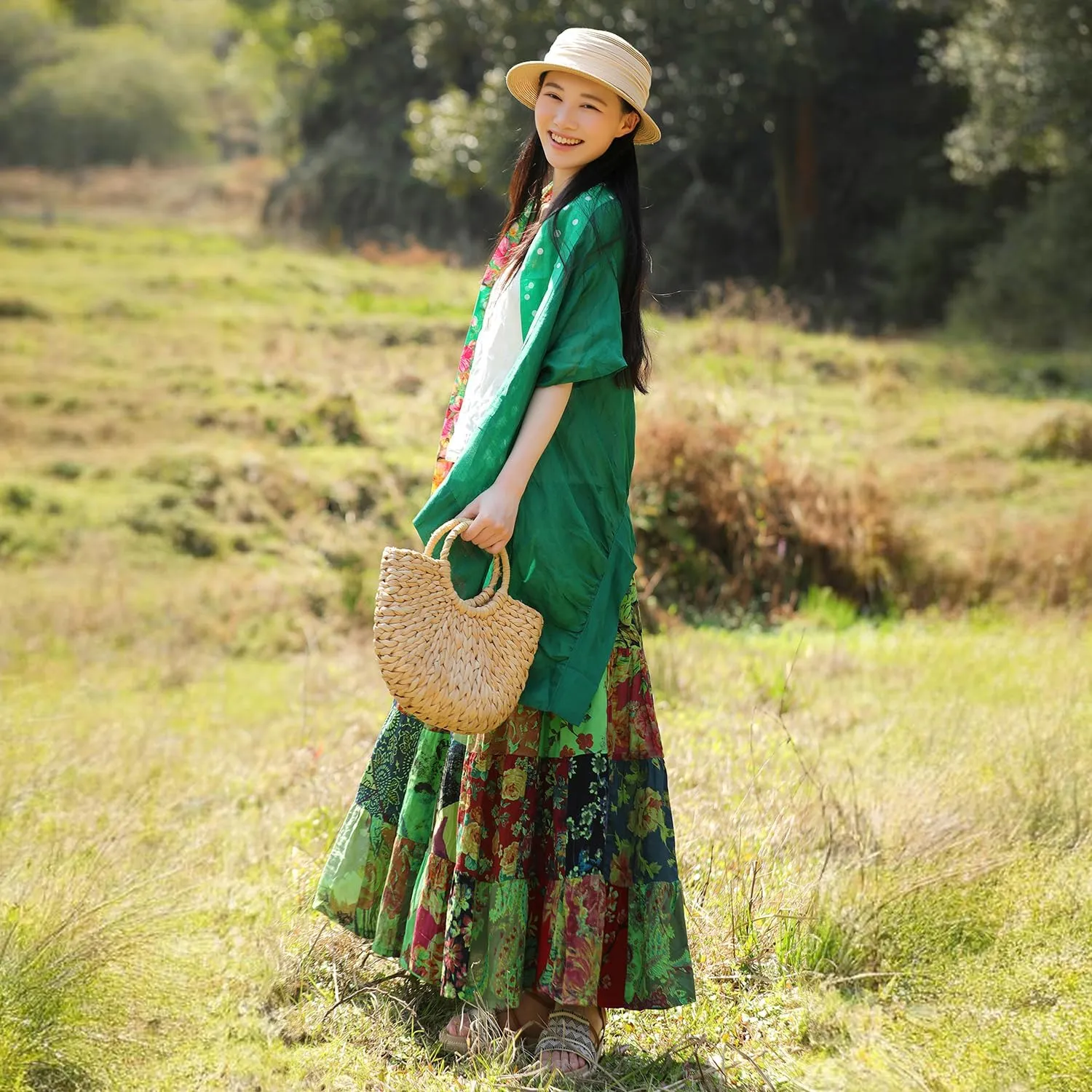Boho Women Printed Cotton Linen Maxi Skirt Casual Patchwork Skirt Beach Travel Outfit