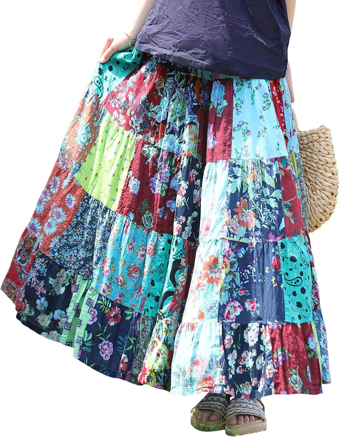 Boho Women Printed Cotton Linen Maxi Skirt Casual Patchwork Skirt Beach Travel Outfit