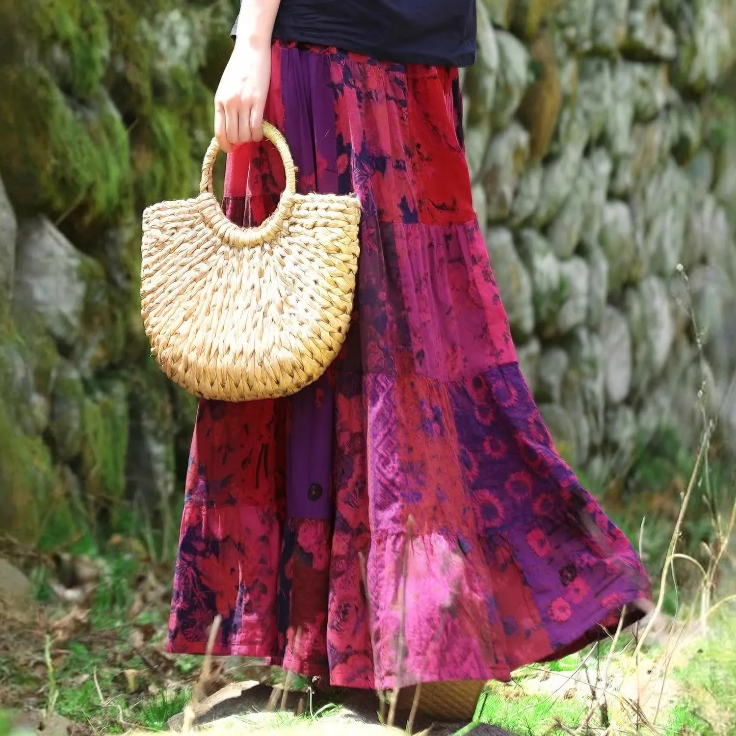 Boho Women Printed Cotton Linen Maxi Skirt Casual Patchwork Skirt Beach Travel Outfit