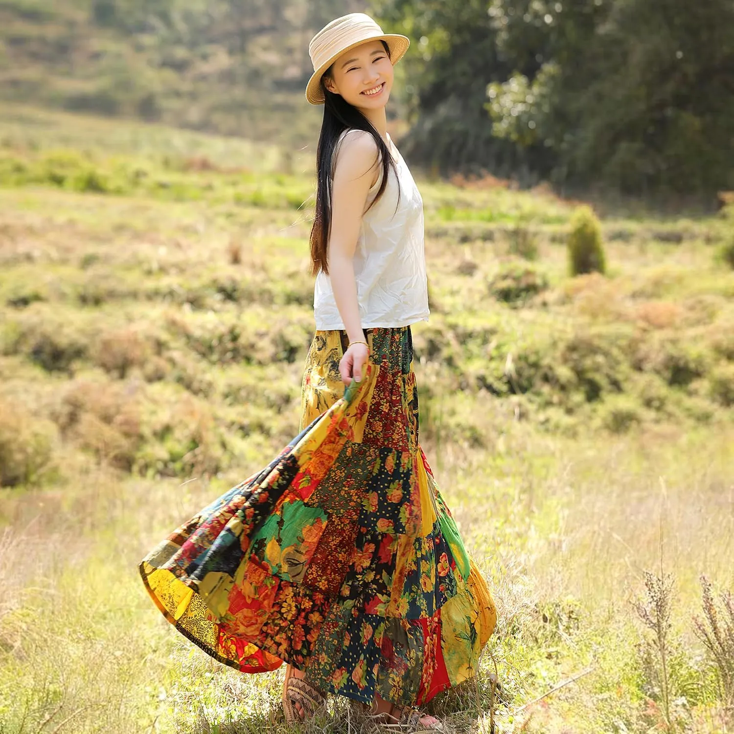 Boho Women Printed Cotton Linen Maxi Skirt Casual Patchwork Skirt Beach Travel Outfit