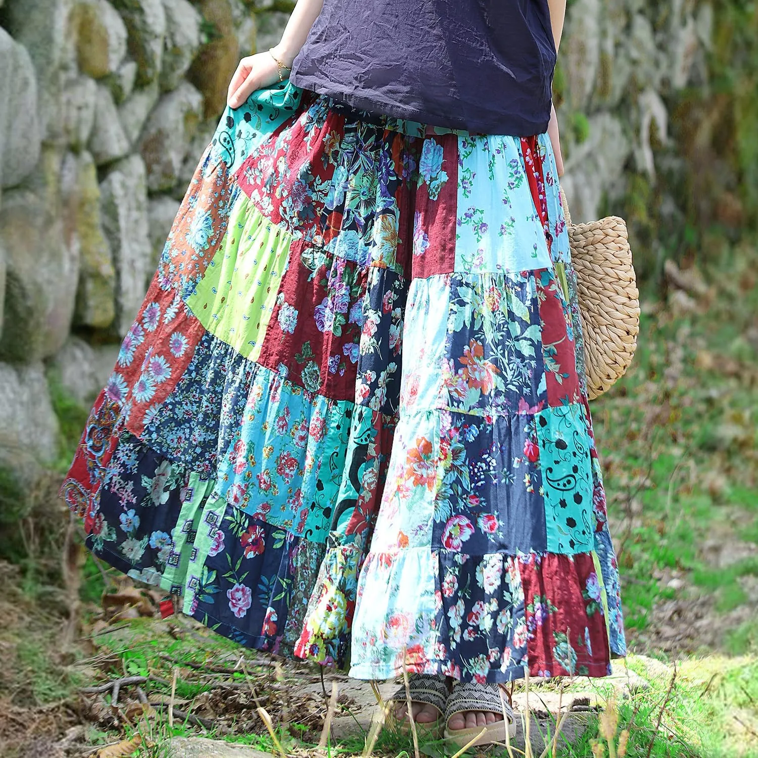 Boho Women Printed Cotton Linen Maxi Skirt Casual Patchwork Skirt Beach Travel Outfit