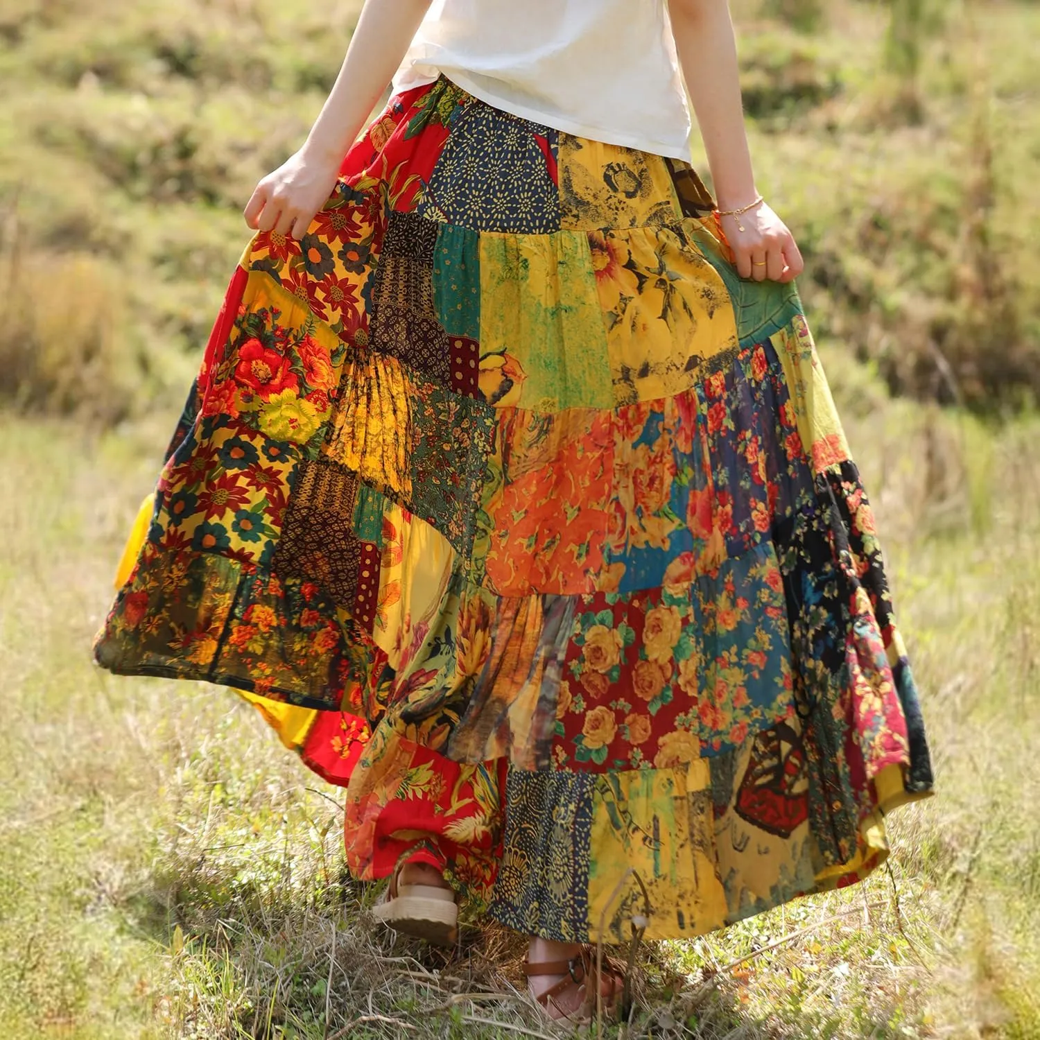 Boho Women Printed Cotton Linen Maxi Skirt Casual Patchwork Skirt Beach Travel Outfit