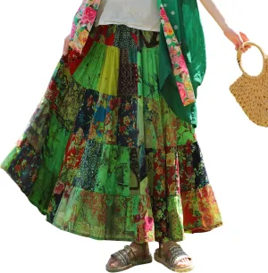 Boho Women Printed Cotton Linen Maxi Skirt Casual Patchwork Skirt Beach Travel Outfit