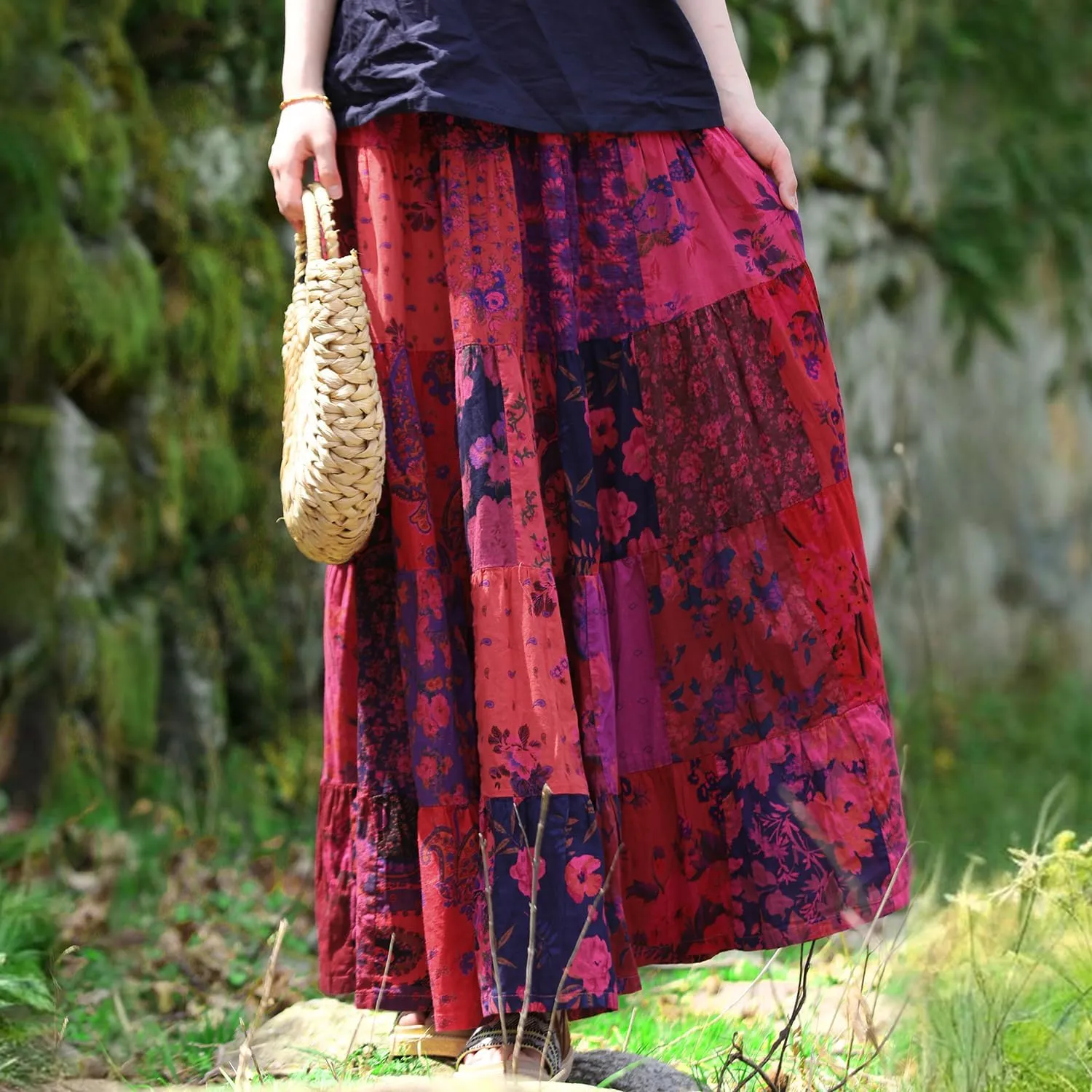 Boho Women Printed Cotton Linen Maxi Skirt Casual Patchwork Skirt Beach Travel Outfit