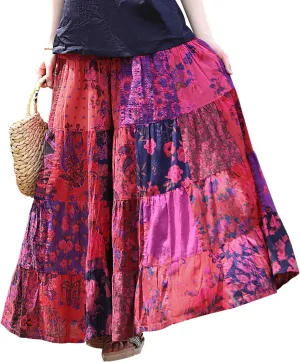 Boho Women Printed Cotton Linen Maxi Skirt Casual Patchwork Skirt Beach Travel Outfit