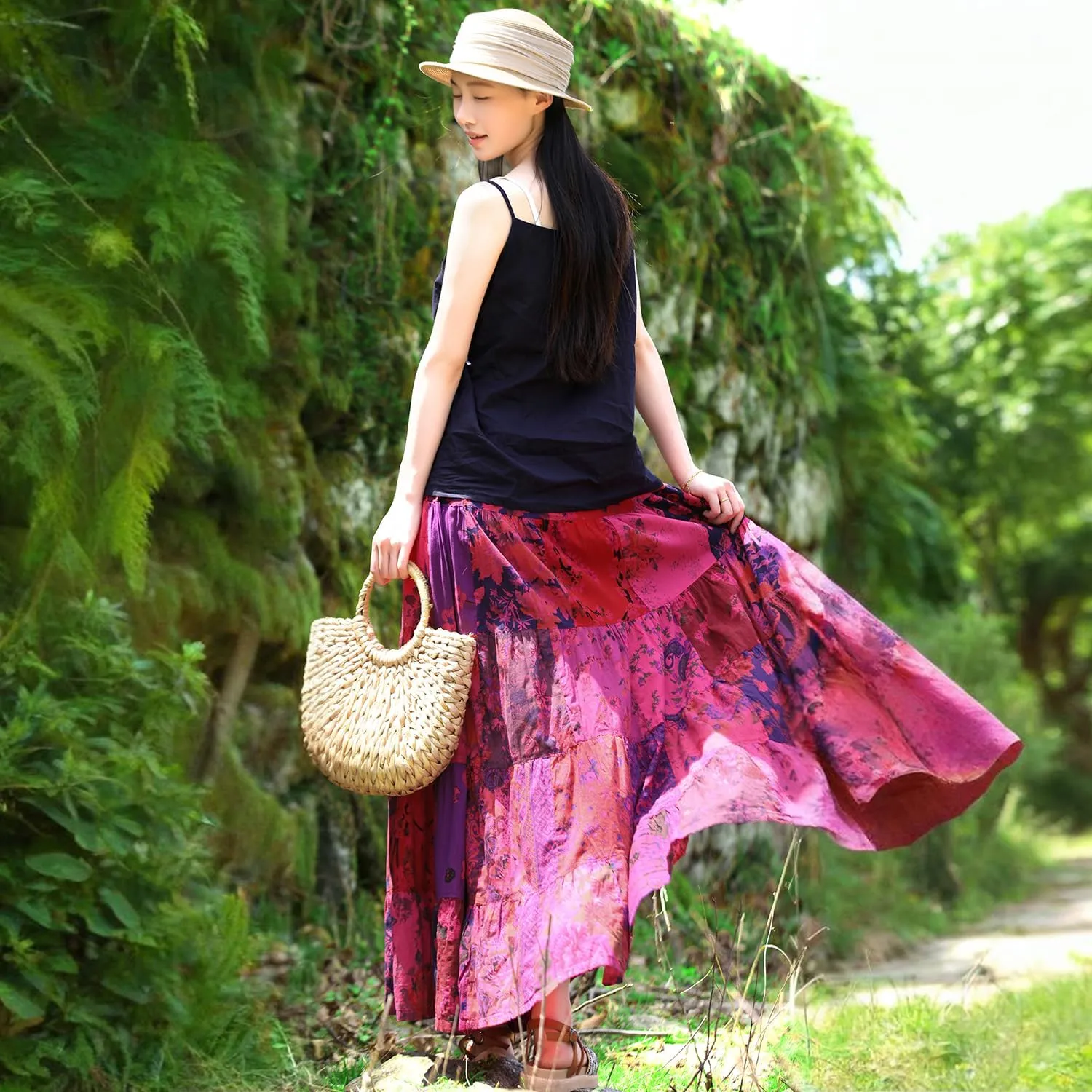 Boho Women Printed Cotton Linen Maxi Skirt Casual Patchwork Skirt Beach Travel Outfit