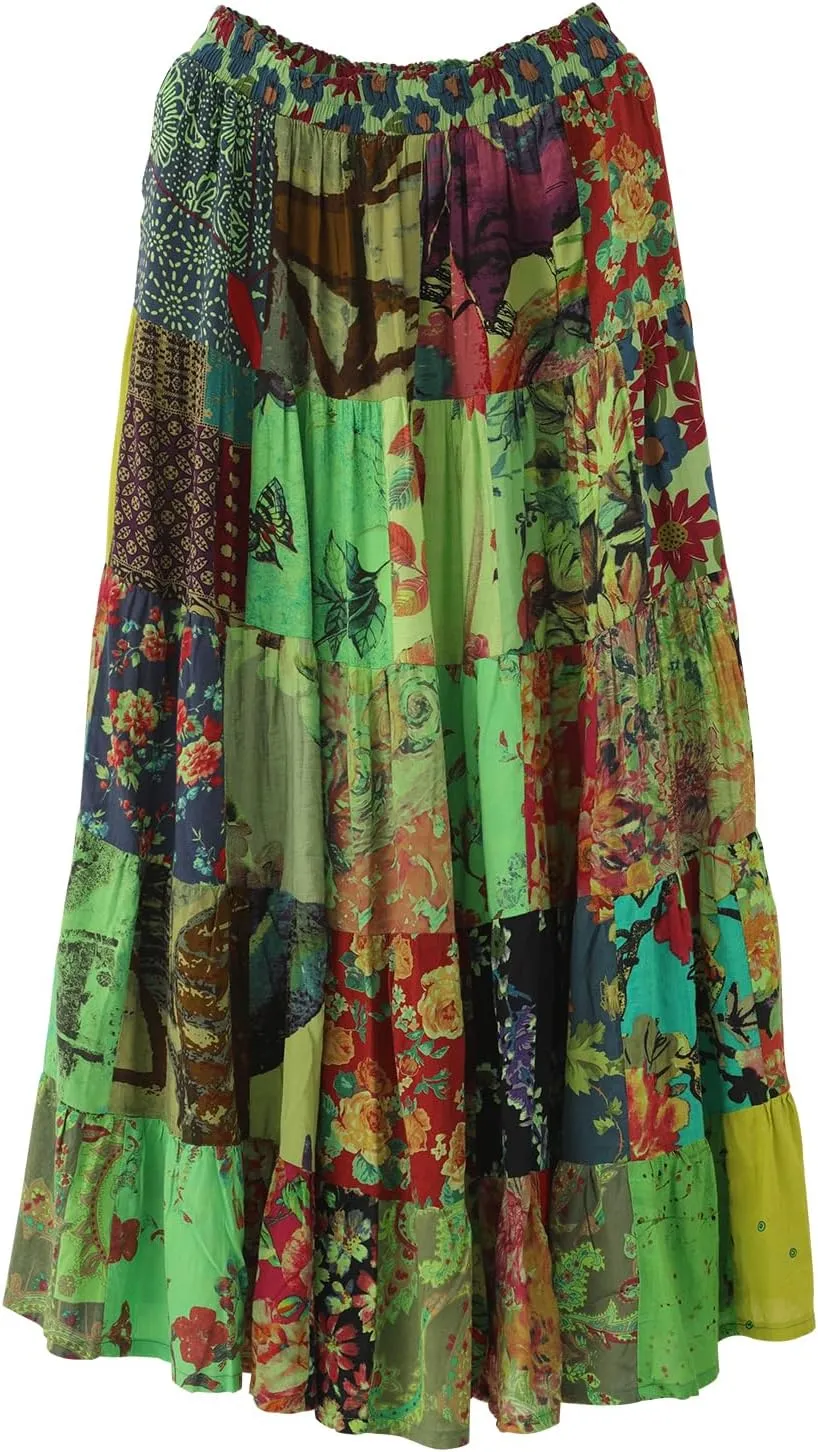 Boho Women Printed Cotton Linen Maxi Skirt Casual Patchwork Skirt Beach Travel Outfit