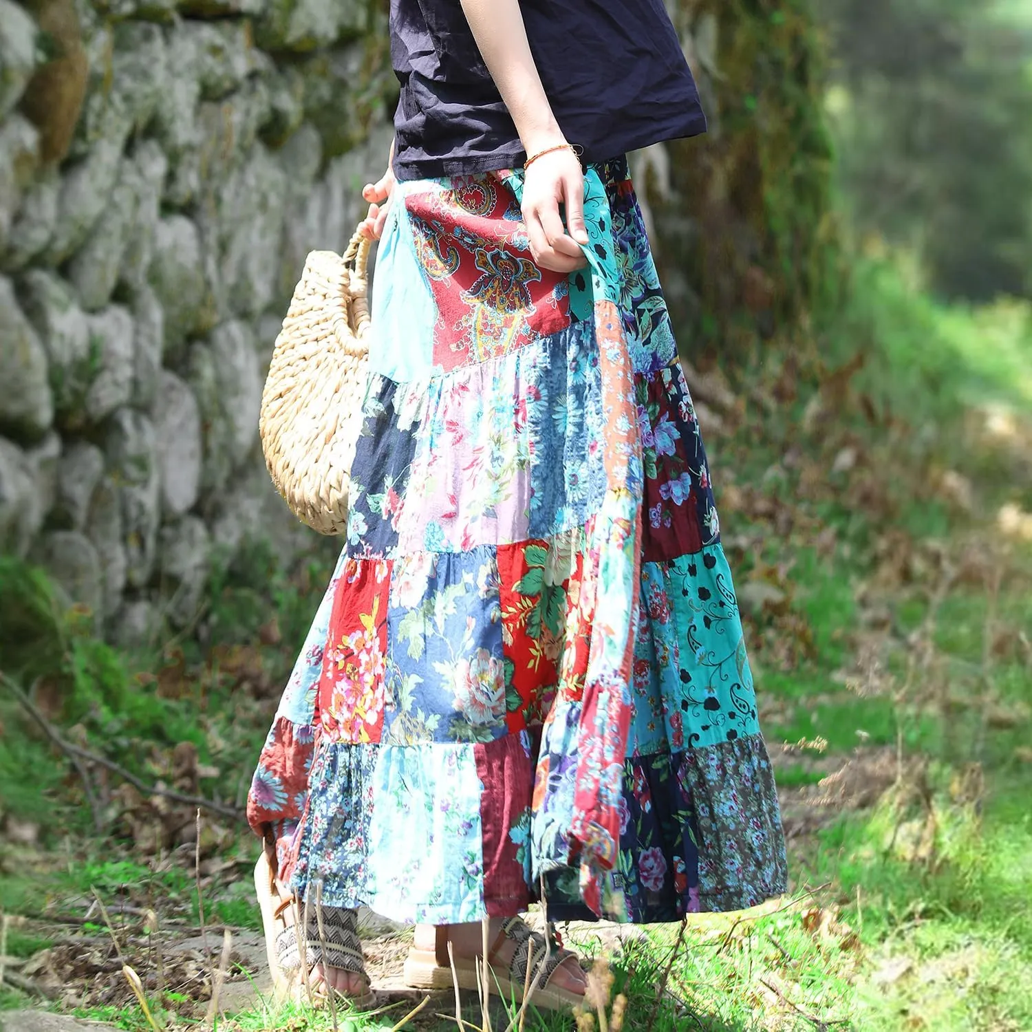 Boho Women Printed Cotton Linen Maxi Skirt Casual Patchwork Skirt Beach Travel Outfit