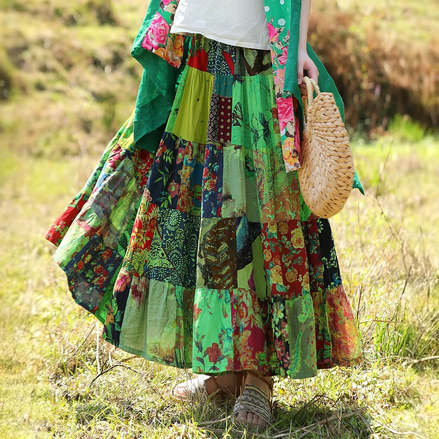 Boho Women Printed Cotton Linen Maxi Skirt Casual Patchwork Skirt Beach Travel Outfit