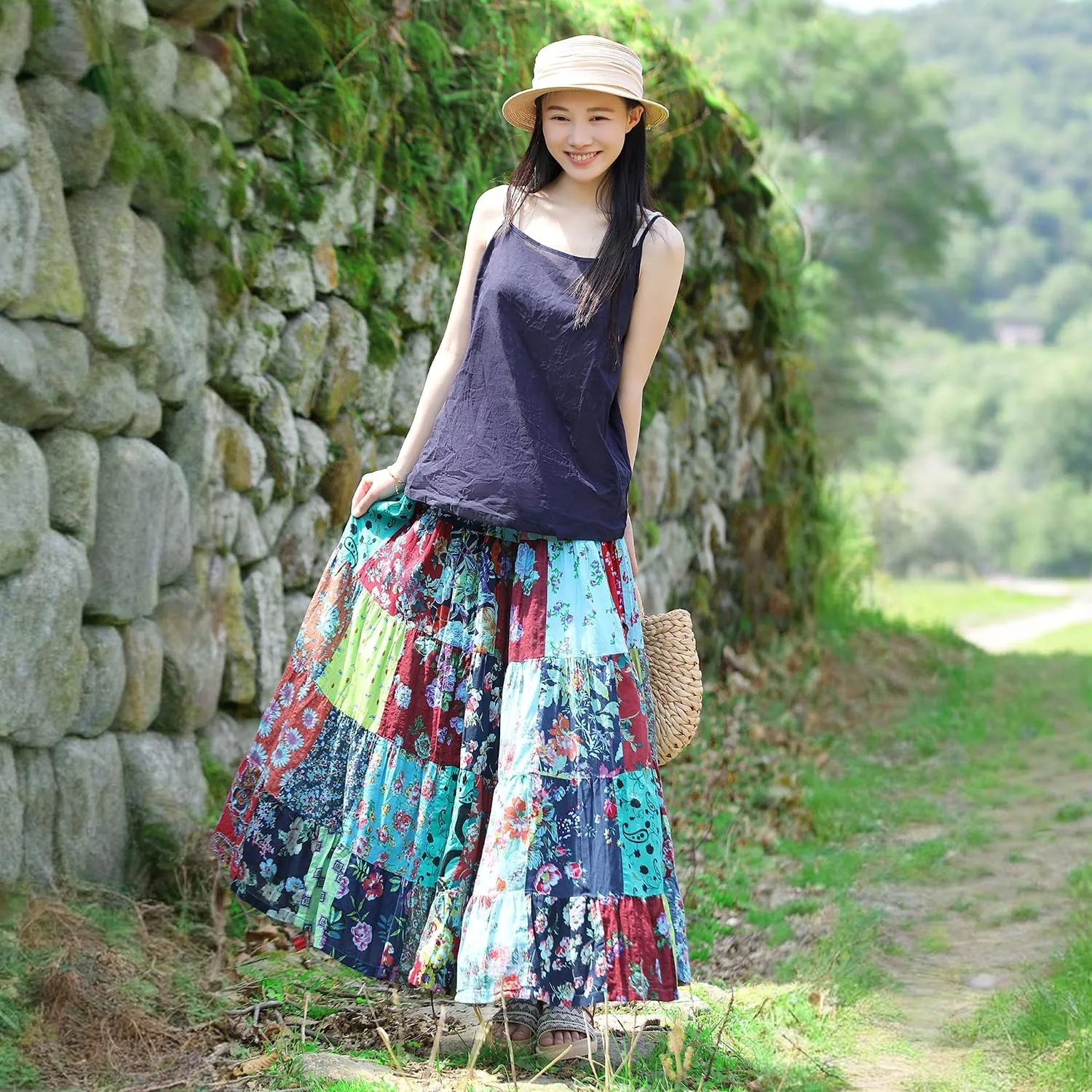 Boho Women Printed Cotton Linen Maxi Skirt Casual Patchwork Skirt Beach Travel Outfit