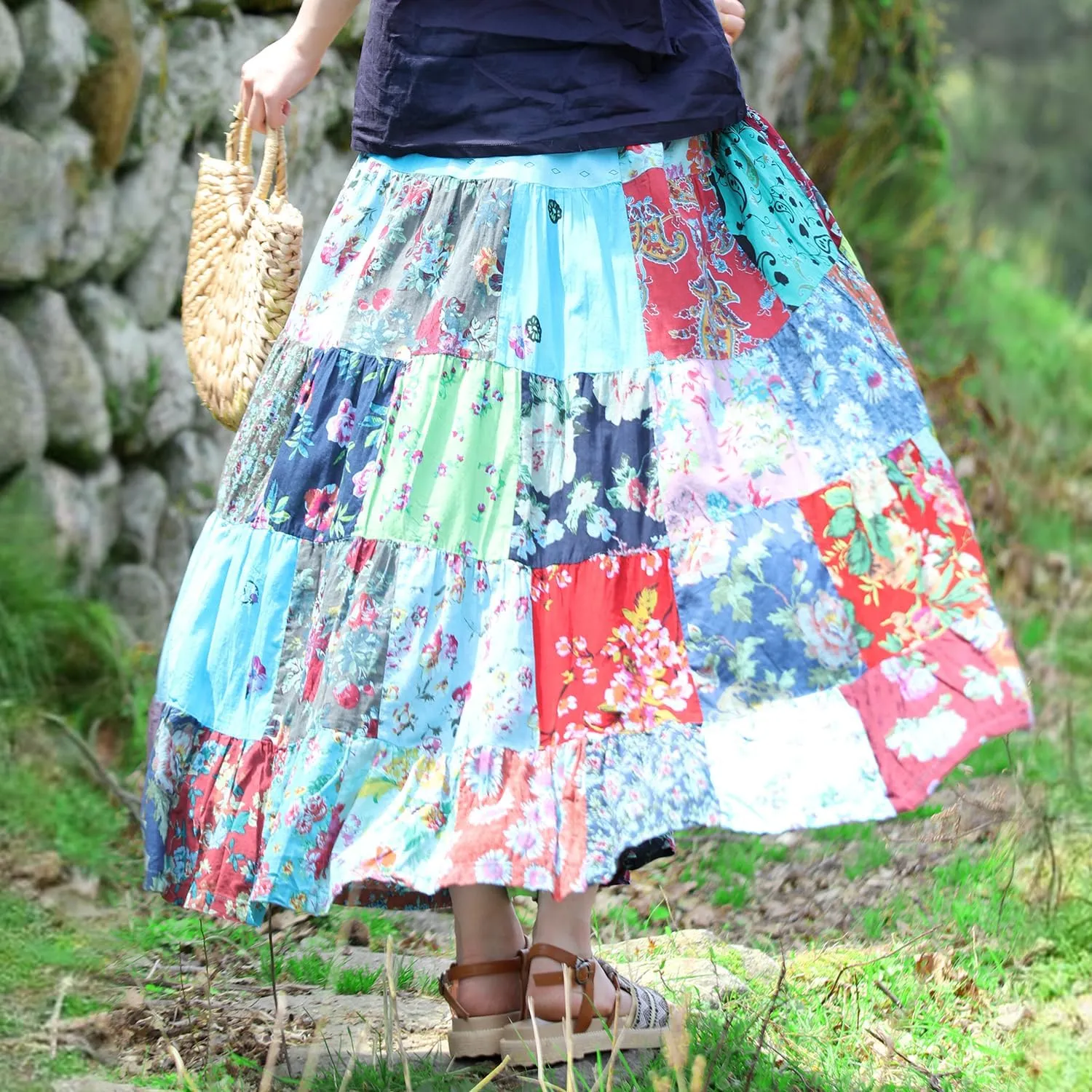 Boho Women Printed Cotton Linen Maxi Skirt Casual Patchwork Skirt Beach Travel Outfit