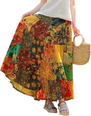 Boho Women Printed Cotton Linen Maxi Skirt Casual Patchwork Skirt Beach Travel Outfit