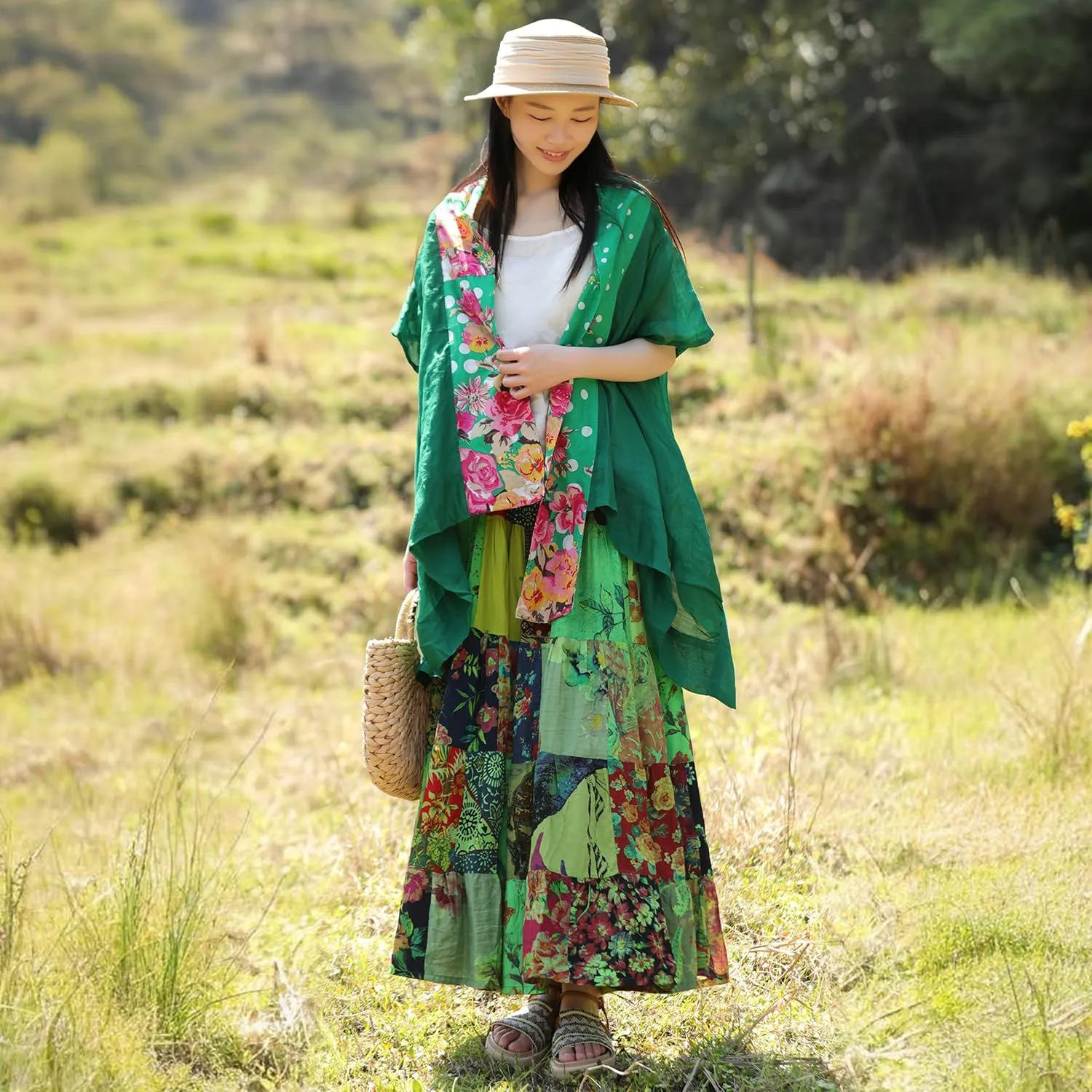 Boho Women Printed Cotton Linen Maxi Skirt Casual Patchwork Skirt Beach Travel Outfit