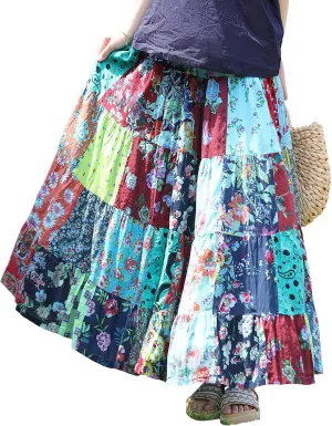 Boho Women Printed Cotton Linen Maxi Skirt Casual Patchwork Skirt Beach Travel Outfit