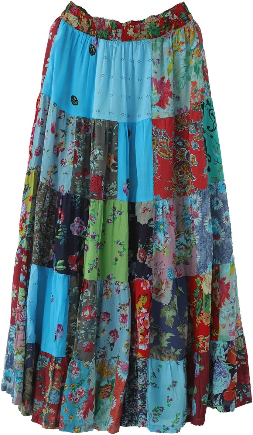 Boho Women Printed Cotton Linen Maxi Skirt Casual Patchwork Skirt Beach Travel Outfit