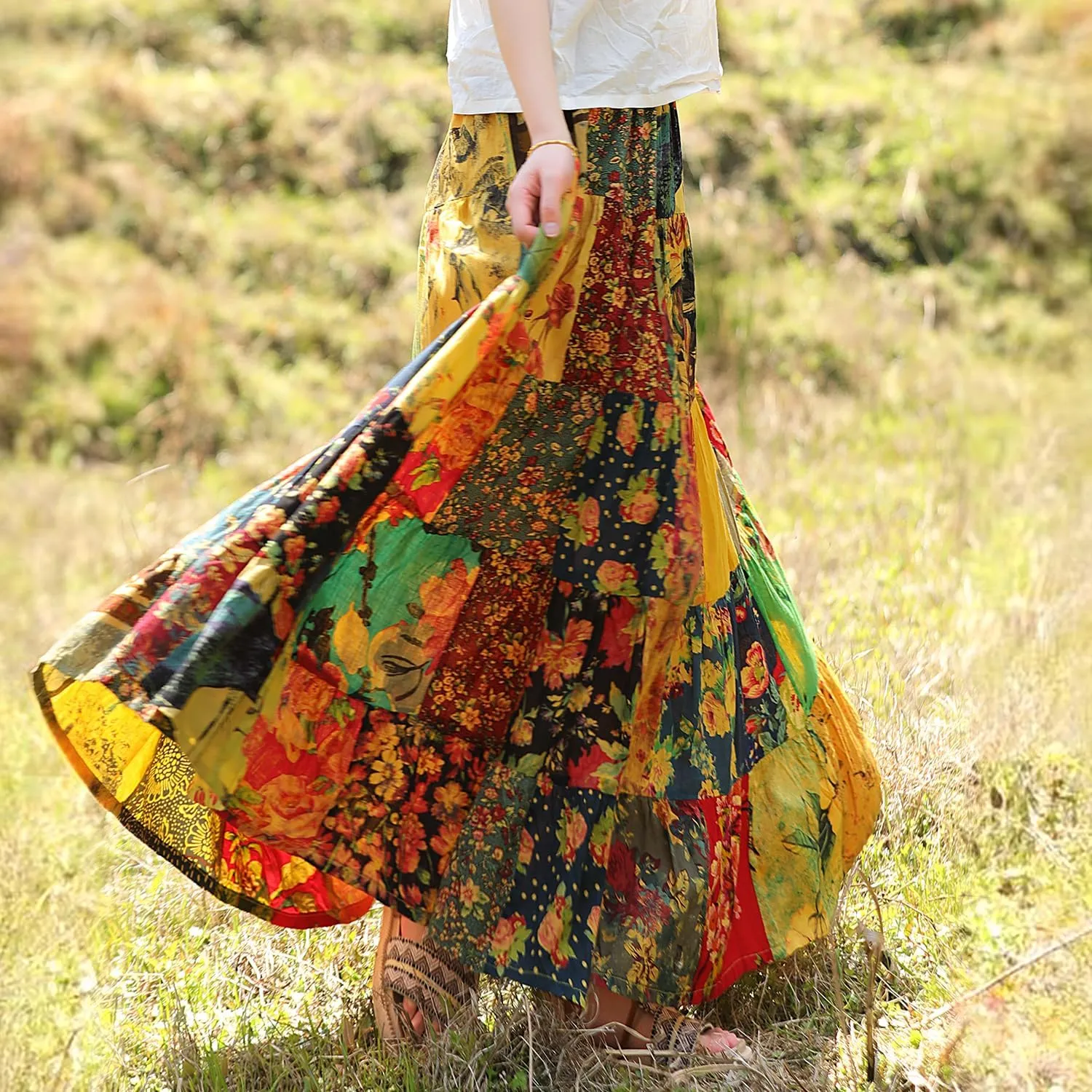 Boho Women Printed Cotton Linen Maxi Skirt Casual Patchwork Skirt Beach Travel Outfit