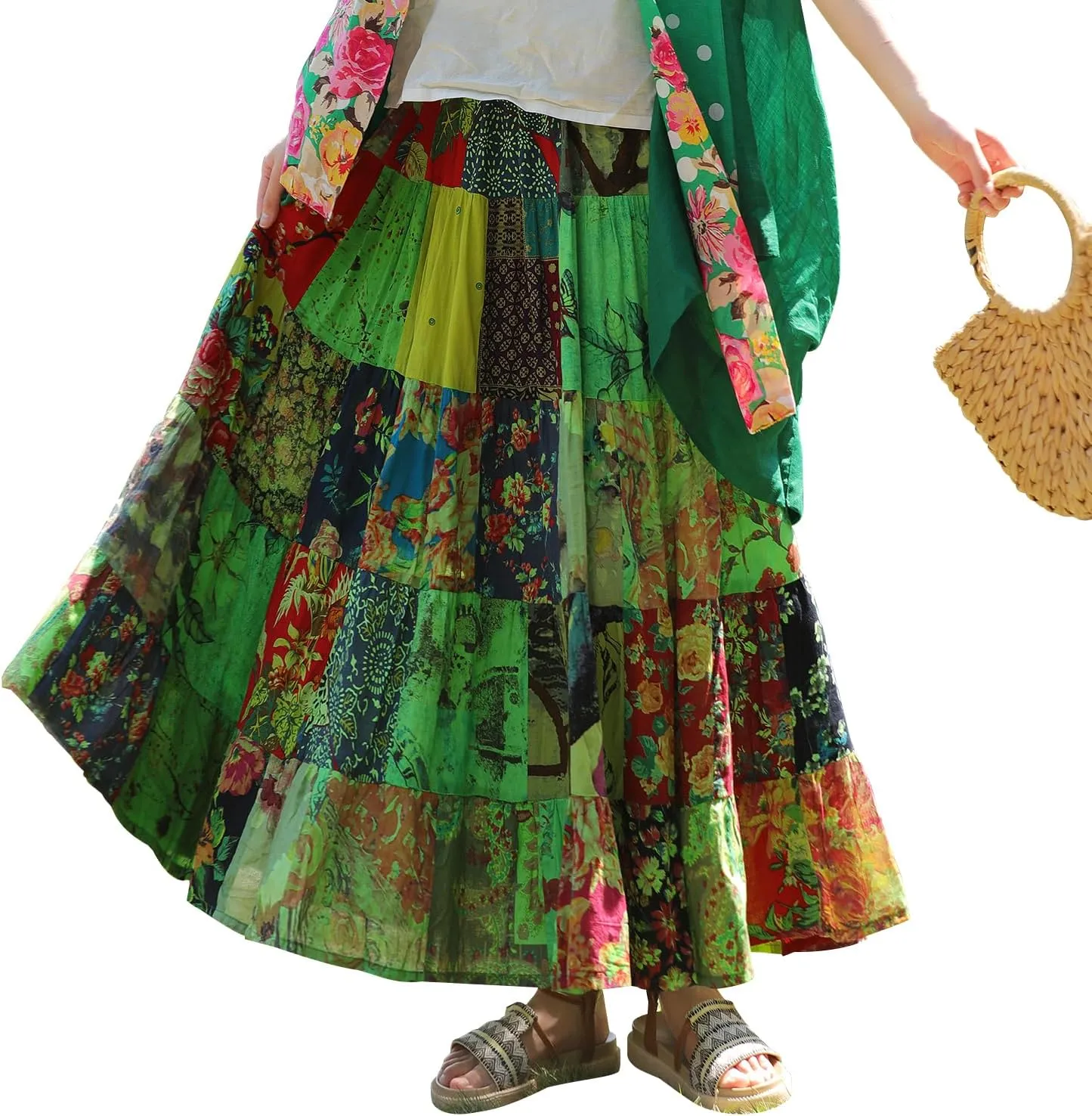 Boho Women Printed Cotton Linen Maxi Skirt Casual Patchwork Skirt Beach Travel Outfit