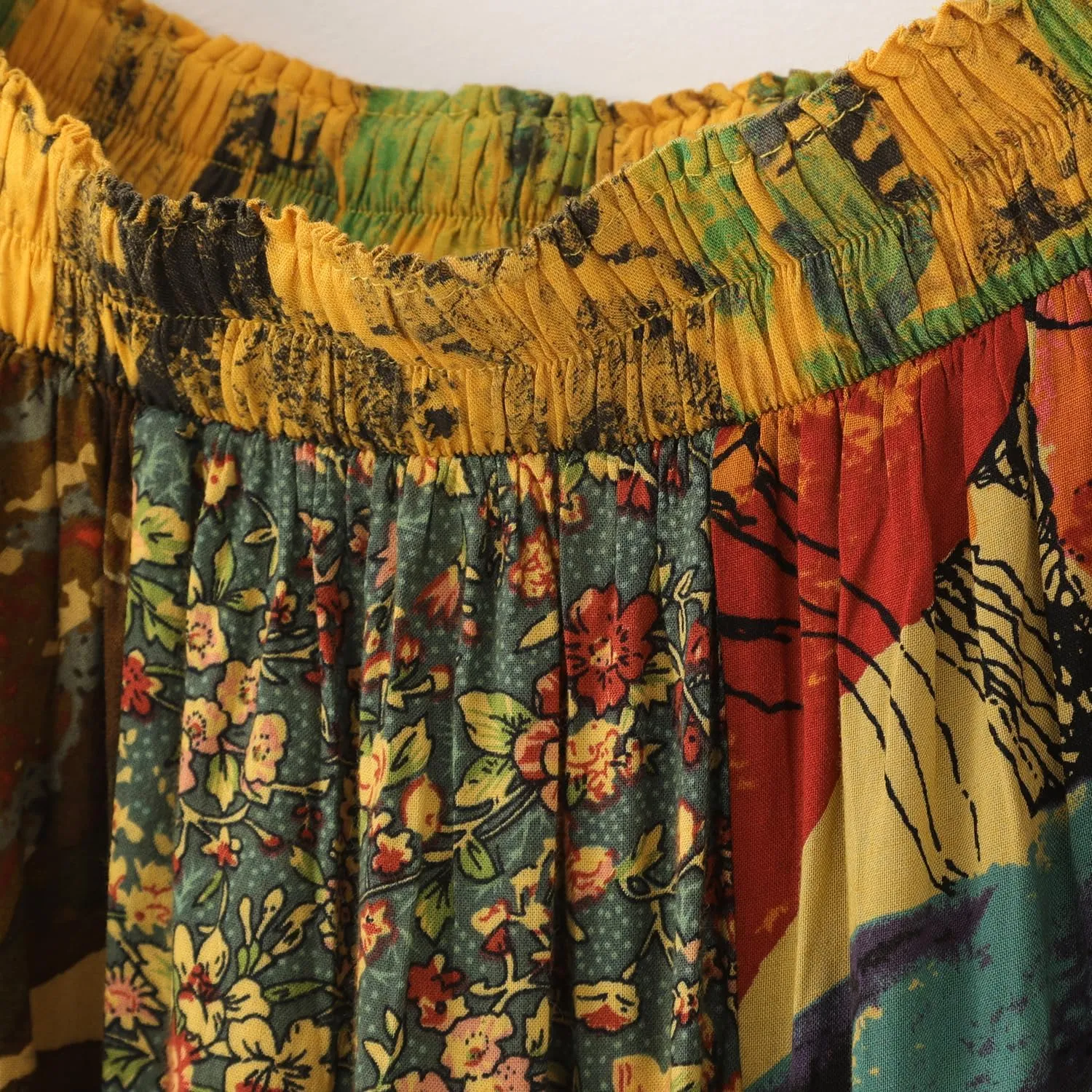 Boho Women Printed Cotton Linen Maxi Skirt Casual Patchwork Skirt Beach Travel Outfit