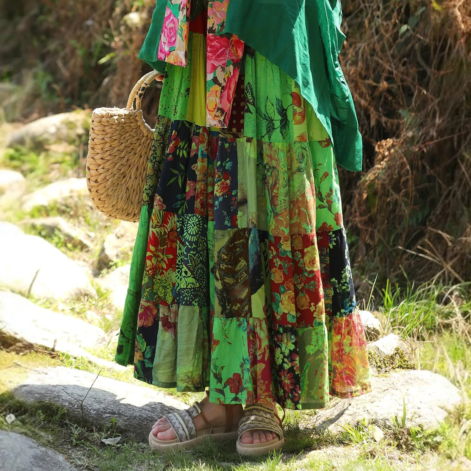 Boho Women Printed Cotton Linen Maxi Skirt Casual Patchwork Skirt Beach Travel Outfit