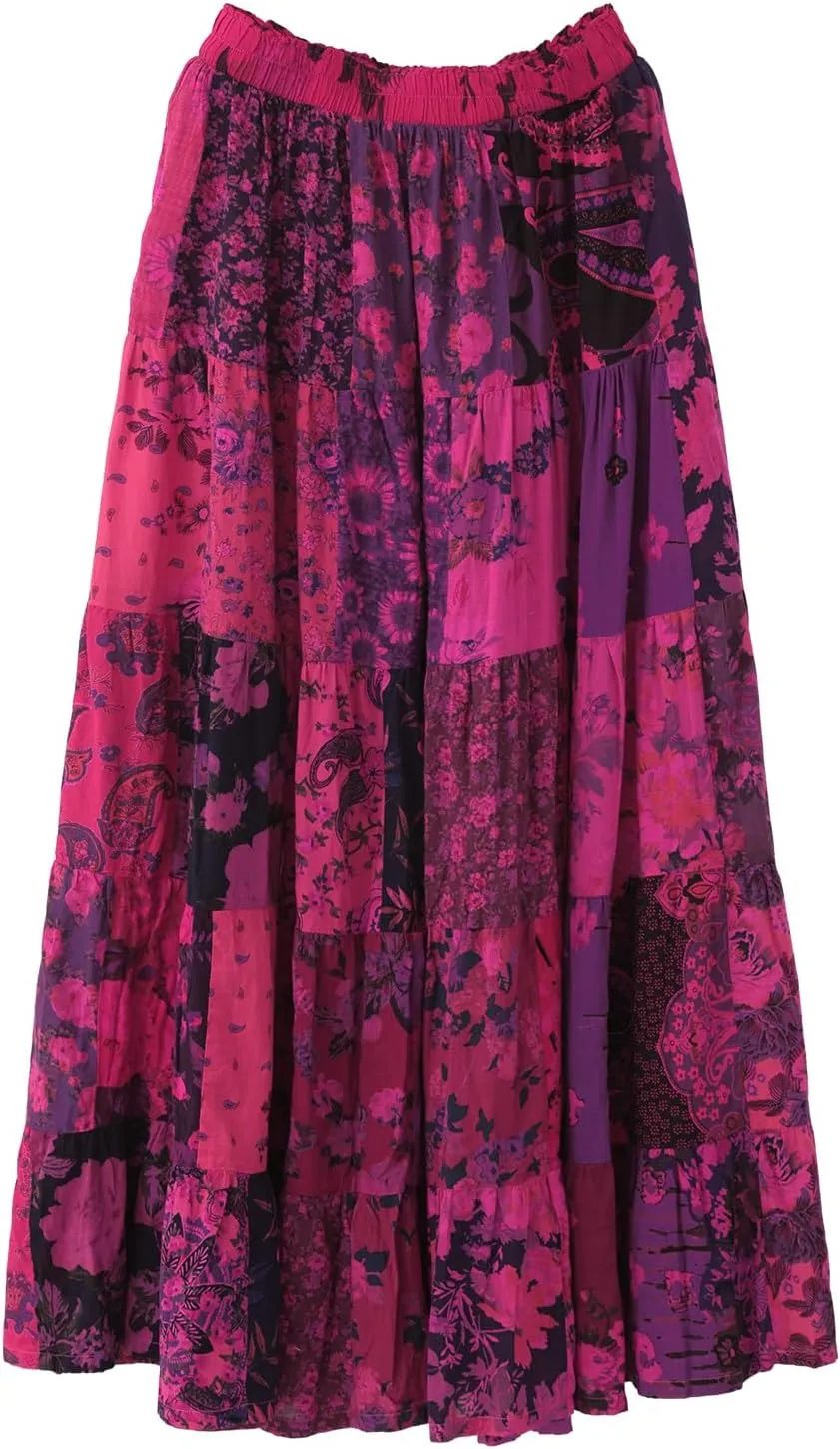 Boho Women Printed Cotton Linen Maxi Skirt Casual Patchwork Skirt Beach Travel Outfit