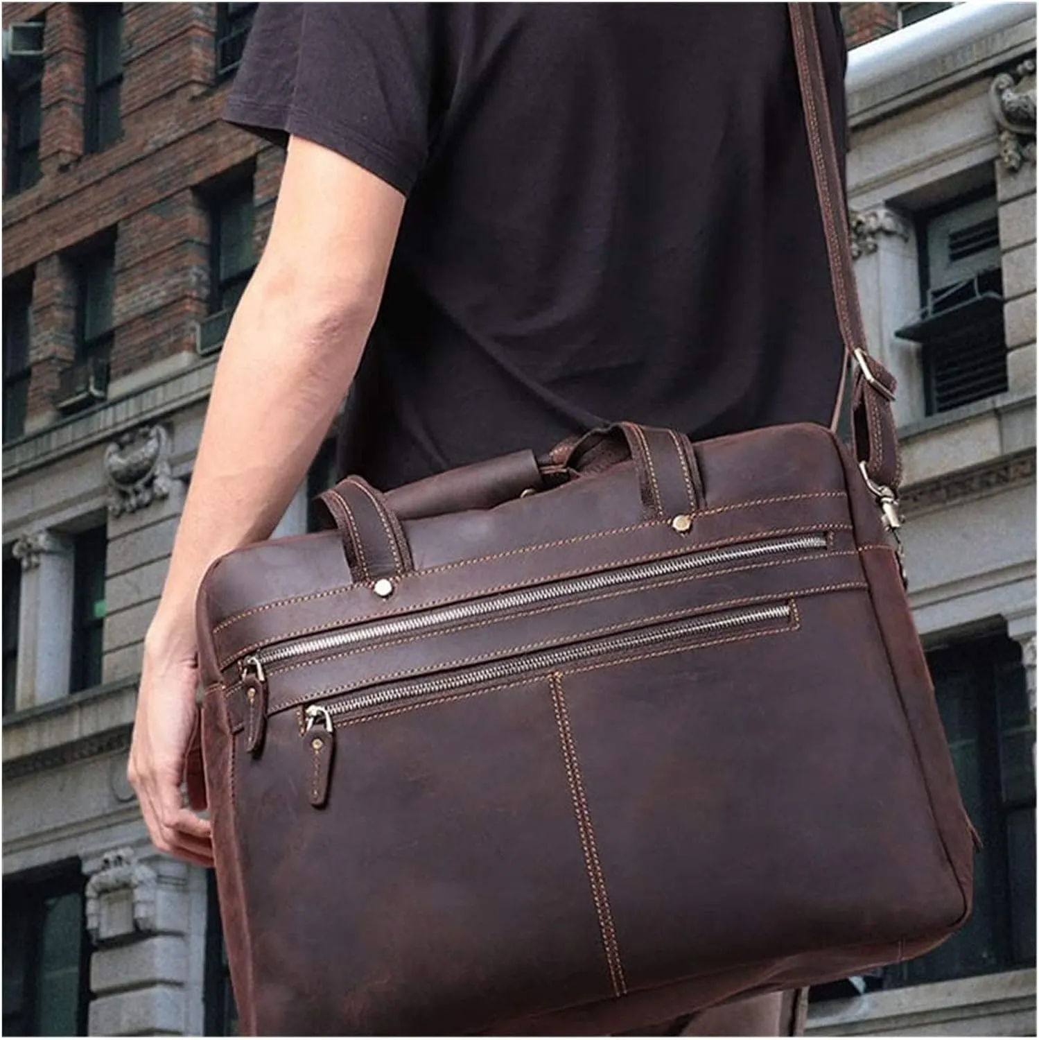 Briefcases Vintage Messenger Handbag, Vintage Leather Briefcase 17" Laptop Tote Large Capacity Messenger Bag