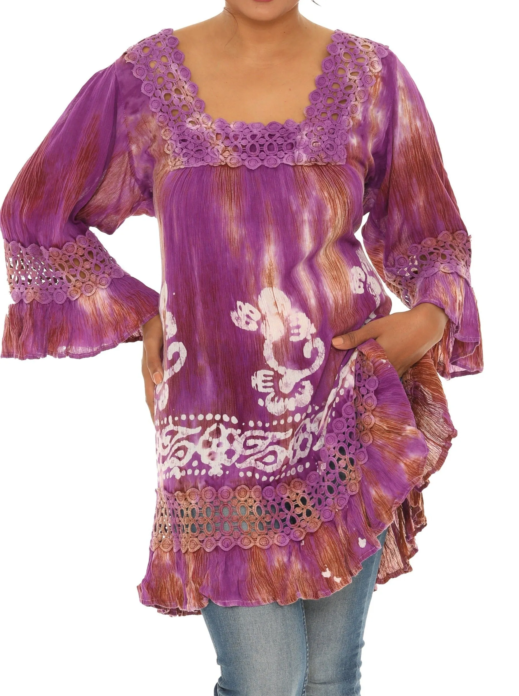 Brown & Turq Tie-Dye Square Neck Tunic