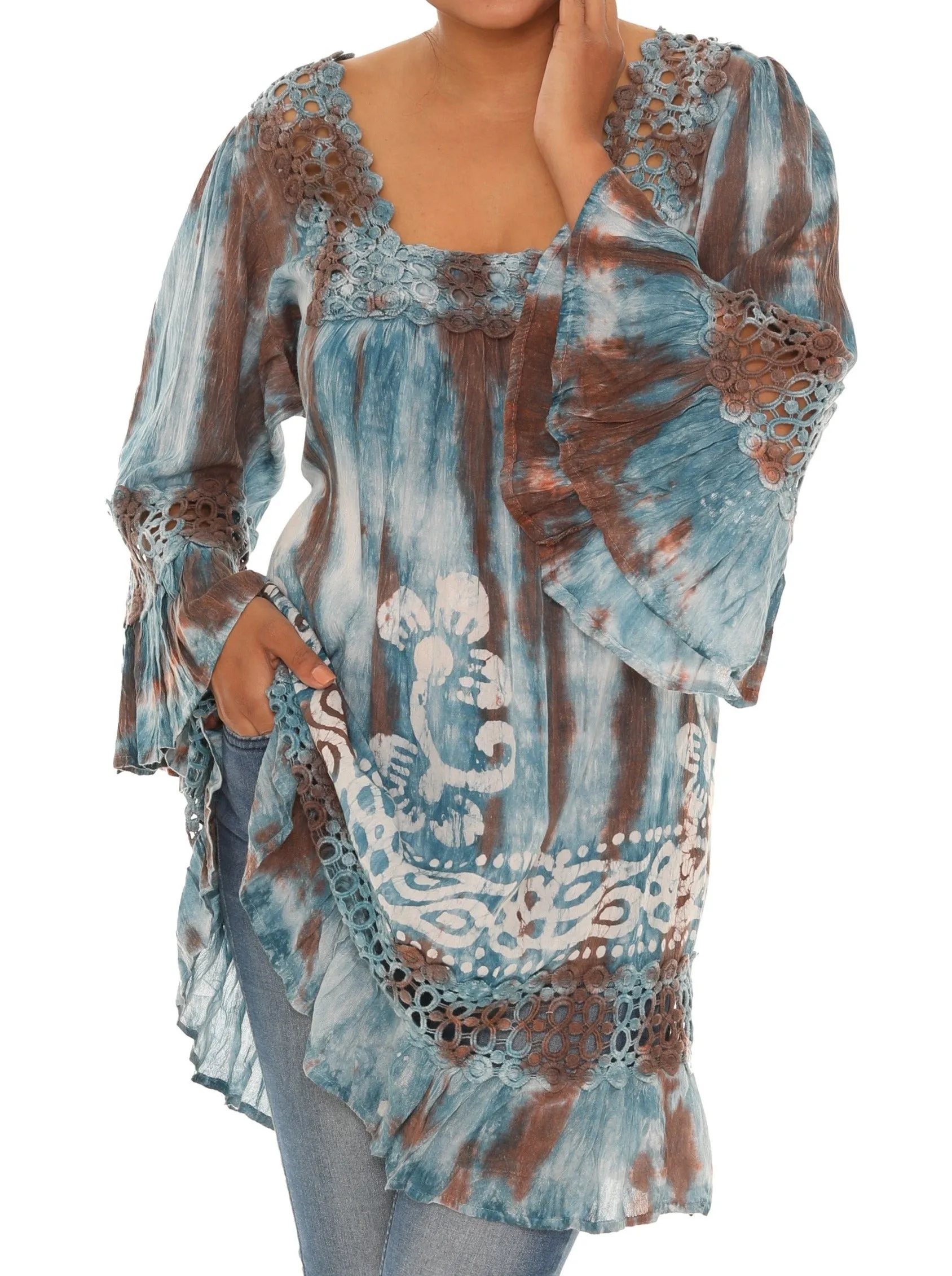 Brown & Turq Tie-Dye Square Neck Tunic
