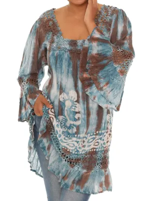 Brown & Turq Tie-Dye Square Neck Tunic