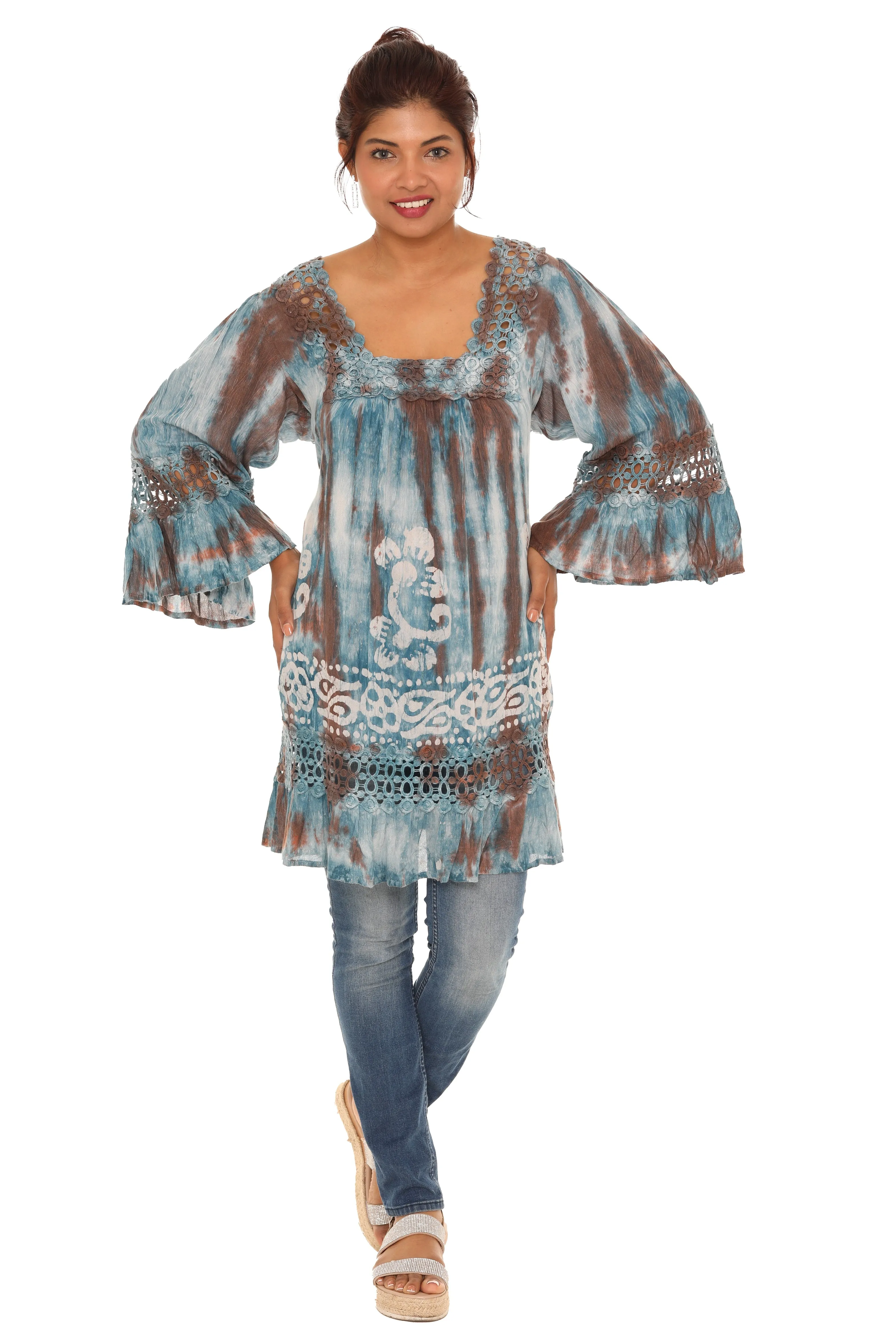 Brown & Turq Tie-Dye Square Neck Tunic