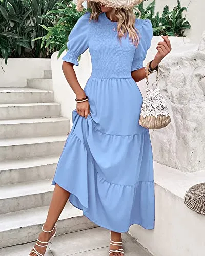 BTFBM Women Casual Summer Dresses 2023 Spring Crew Neck Ruffle Short Sleeve Floral Leopard Smocked Boho Flowy Maxi Dress(Solid Light Blue, X-Large)