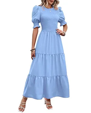 BTFBM Women Casual Summer Dresses 2023 Spring Crew Neck Ruffle Short Sleeve Floral Leopard Smocked Boho Flowy Maxi Dress(Solid Light Blue, X-Large)
