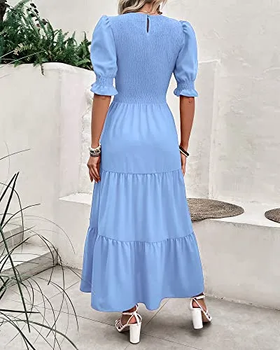 BTFBM Women Casual Summer Dresses 2023 Spring Crew Neck Ruffle Short Sleeve Floral Leopard Smocked Boho Flowy Maxi Dress(Solid Light Blue, X-Large)