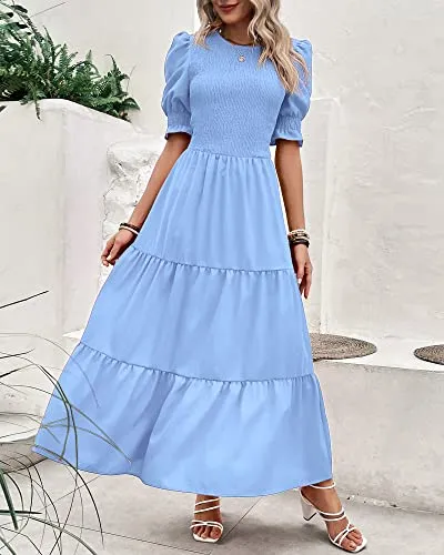 BTFBM Women Casual Summer Dresses 2023 Spring Crew Neck Ruffle Short Sleeve Floral Leopard Smocked Boho Flowy Maxi Dress(Solid Light Blue, X-Large)