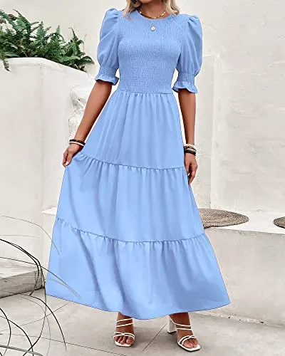 BTFBM Women Casual Summer Dresses 2023 Spring Crew Neck Ruffle Short Sleeve Floral Leopard Smocked Boho Flowy Maxi Dress(Solid Light Blue, X-Large)