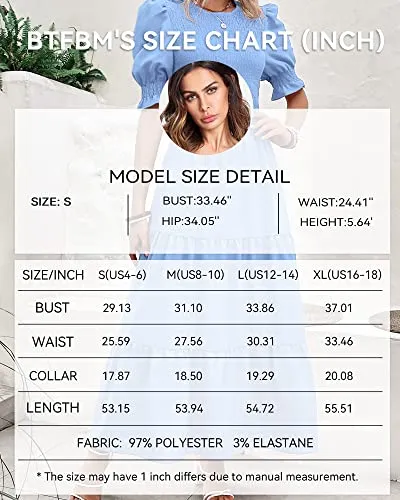 BTFBM Women Casual Summer Dresses 2023 Spring Crew Neck Ruffle Short Sleeve Floral Leopard Smocked Boho Flowy Maxi Dress(Solid Light Blue, X-Large)
