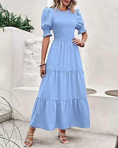 BTFBM Women Casual Summer Dresses 2023 Spring Crew Neck Ruffle Short Sleeve Floral Leopard Smocked Boho Flowy Maxi Dress(Solid Light Blue, X-Large)