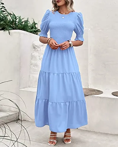 BTFBM Women Casual Summer Dresses 2023 Spring Crew Neck Ruffle Short Sleeve Floral Leopard Smocked Boho Flowy Maxi Dress(Solid Light Blue, X-Large)