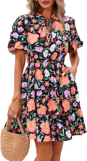 BTFBM Women Summer Floral Short Dresses V Neck Short Sleeve Tiered Ruffle Boho Swing Dress A-Line Mini Dresses