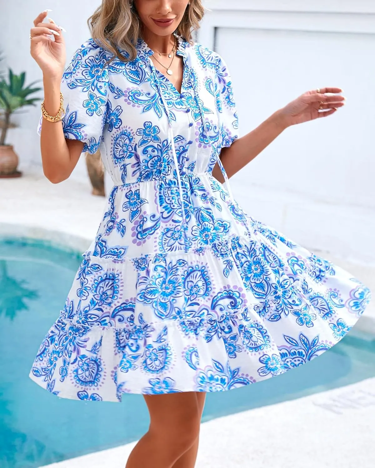 BTFBM Women Summer Floral Short Dresses V Neck Short Sleeve Tiered Ruffle Boho Swing Dress A-Line Mini Dresses